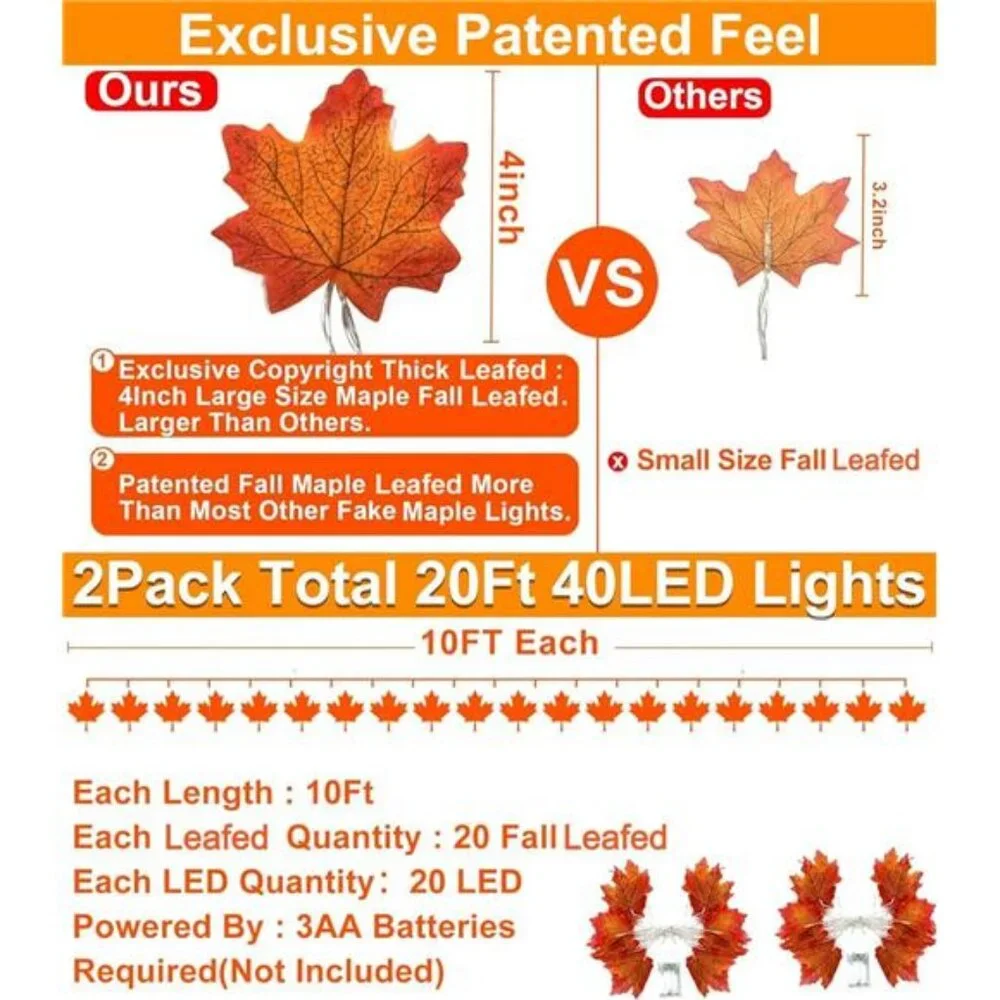 2 Pack Fall Decor Enlarged Maples Leafed Fall Lights Thick Leafs Garlands